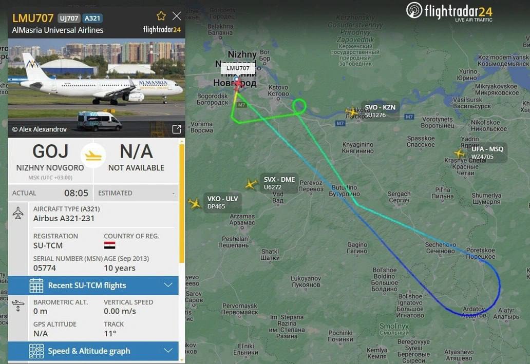 Самолет, вылетевший в Египет из Нижнего Новгорода, вернулся обратно
